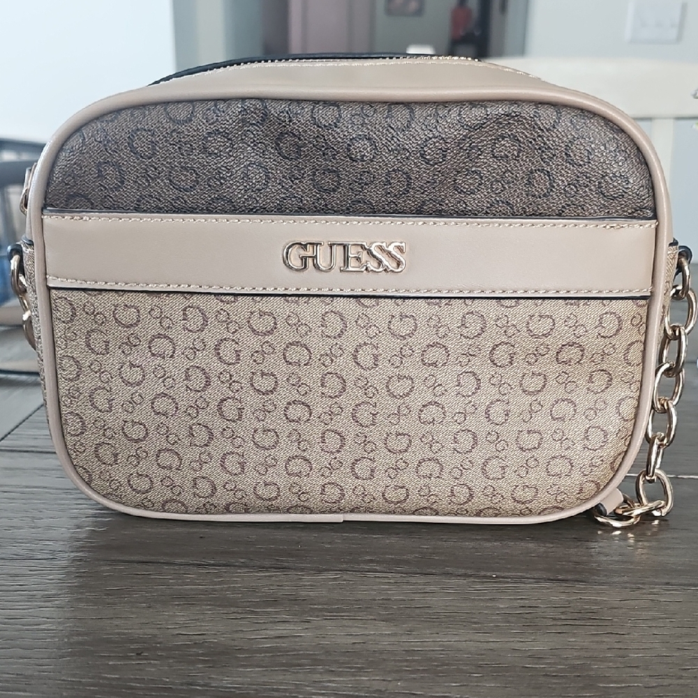 Guess Brown and Tan Crossbody Bag with Signature Logo